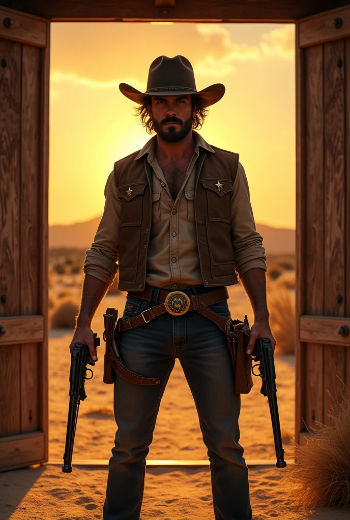 30 year Old man wearing cowboy outfit with the hat, he draw his both revolvers from his holster shotgun, he doesn't have beard, he has sherif star on his vest, he's in the front of a saloon wildwest wood door, he's hair black