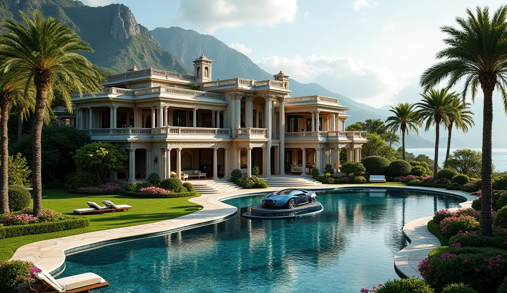 luxury mansion with a luxuary car parked in front of it, green yard with trees, behind sea and mountains, luxury pool, luxury lifestyle, luxurious environment, luxury architecture, rich, huge mansion, rich style, luxury and elite, extremely opulent, luxurious, hyper luxurious, majestic masterpiece, wealthy, luxury, stunning grand architecture, exquisite masterpiece, flaunting his wealth, inside a grand, architectural masterpiece