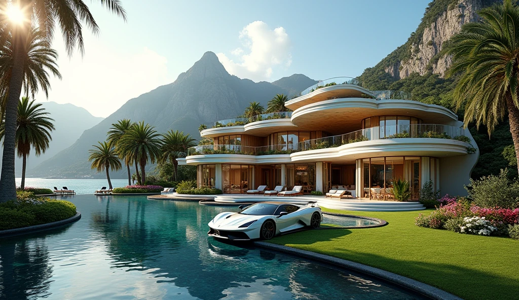 luxury mansion with a luxuary car parked in front of it, green yard with trees, behind sea and mountains, luxury pool, luxury lifestyle, luxurious environment, luxury architecture, rich, huge mansion, rich style, luxury and elite, extremely opulent, luxurious, hyper luxurious, majestic masterpiece, wealthy, luxury, stunning grand architecture, exquisite masterpiece, flaunting his wealth, inside a grand, architectural masterpiece
