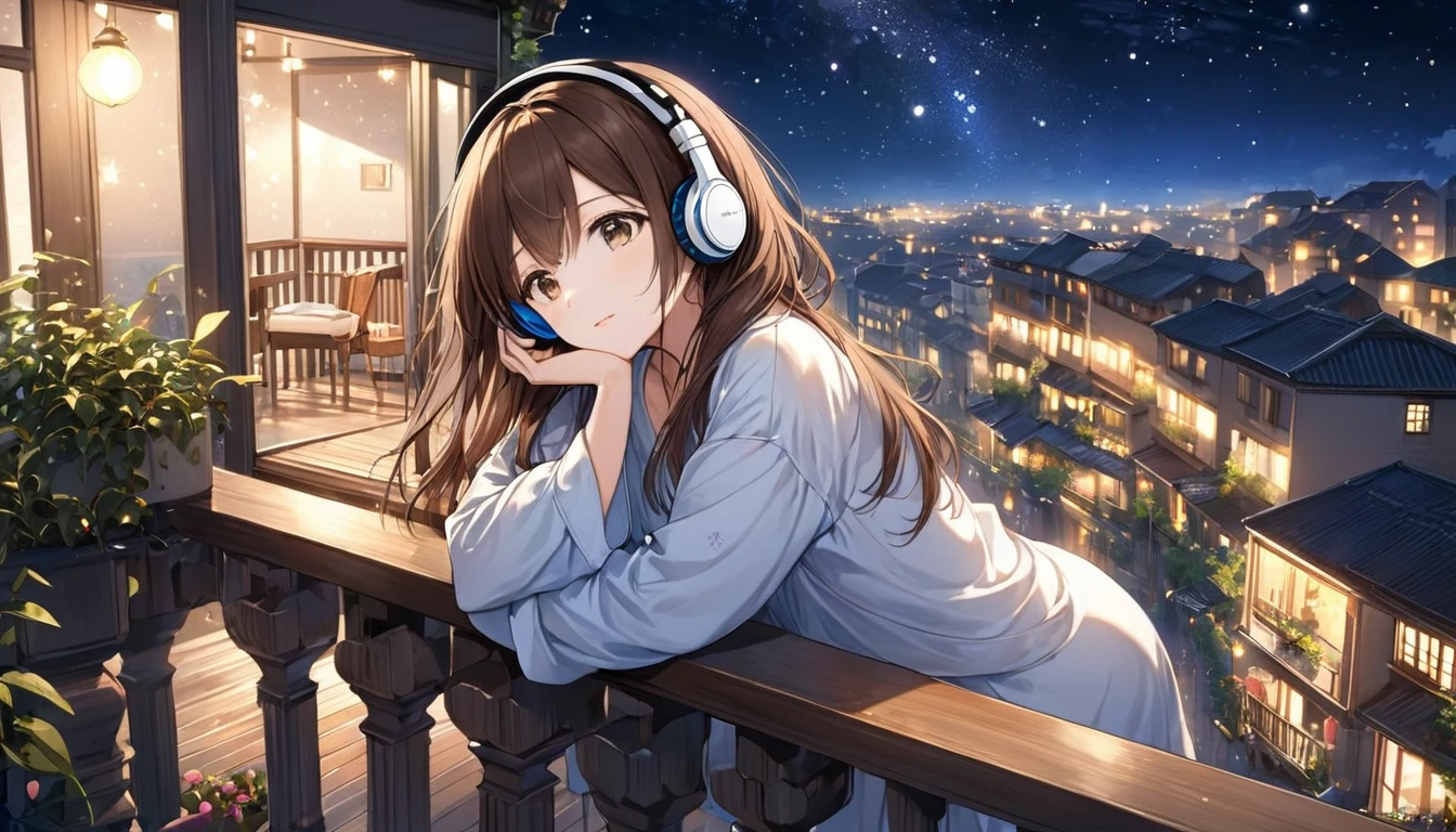 (Brown haired woman wearing headphones), (Relaxing on the balcony at night listening to background music), (Very detailed, masterpiece, Highest quality, bright), (Anime Style)
background: Scenery of stars shining in the night sky: Calm expression costume: Light Nightwear Pose: A scene of a man leaning on the balcony railing and looking up at the night sky: quiet night、Enjoy the night breeze and background music
