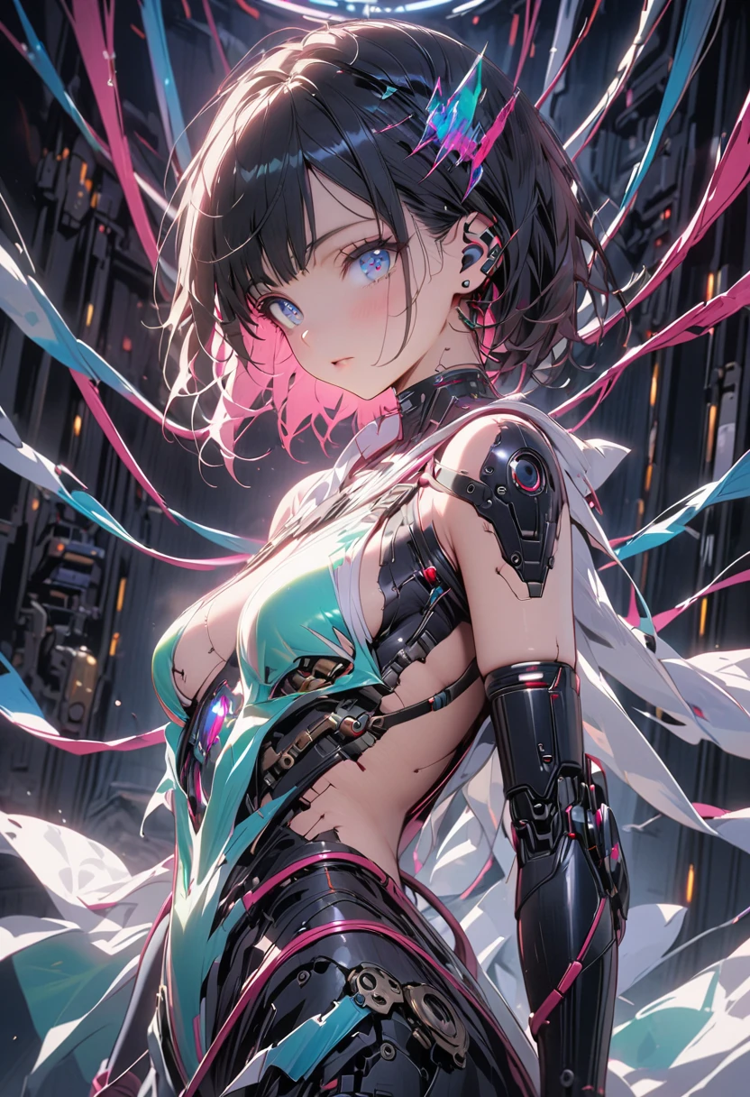 (an injured cyborg ninja girl is undergoing maintenance in the lab:1.5), beautiful face, (shaggy short hair, black hair), slender body:1.3, , 165 cm tall, light reflects off the artificial eyeballs, (finely detailed beautiful eyes: 1.3), 50% of the body is human, some machine parts are visible, parts damaged by combat, torn artificial skin, damaged left arm, white spine exposed, large number of cables and shaft and metal frame are embedded in the body, where some of the skin has been torn away to expose the internal mechanical parts, the beautiful mechanical body is beautifully and realistically drawn even down to the neck, (numerous wires and tubes are attached to the body:1.5), (thin emerald blue tubes and thick black cables connect medical equipment to the body:1.5), from behind, show your back, cowboy shot, 
laboratory with state-of-the-art equipment, emerald blue synthetic blood in a large tank, many large cables and pipes, 
((best quality: 1.2, very detailed, ultra-high resolution, absurdres: 1.3, highres: 1.3, masterpiece: 1.2, top quality, best aesthetic, fine texture, perfect lighting: 1.2, best shadow, sharp focus: 1.3, high contrast, high color saturation)), (anatomically correct, perfect hands: 1.2), (professional photography:1.2), cowboy shot, cinematic lighting, physically based rendering, anime style, cyborg style, mecha, Shine colorful, 