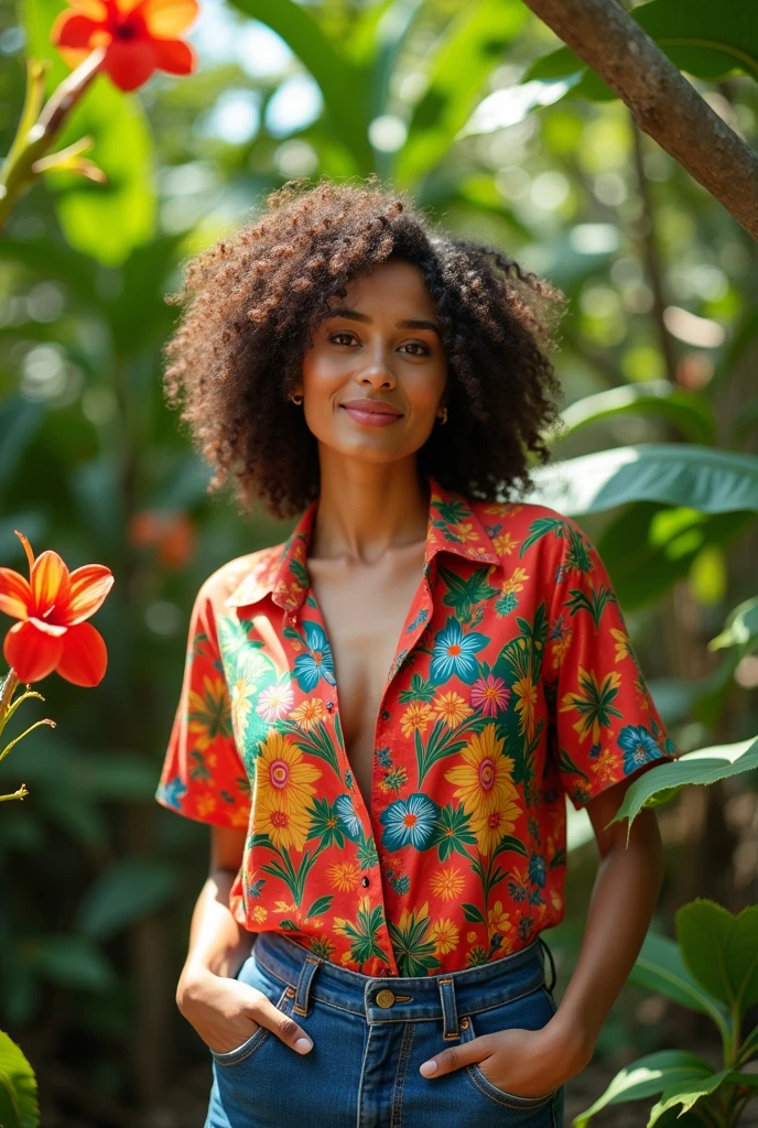 A Brazilian woman in a lush tropical garden, wearing an open shirt with a floral print, with a close-up capturing the harmonious beauty between her breasts and the natural flowers, showing off your natural charm and outgoing personality.