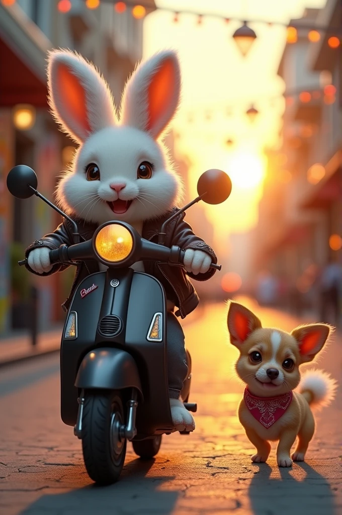 Chubby white rabbit fur biker on a black scooter with a chihuahua next to him 