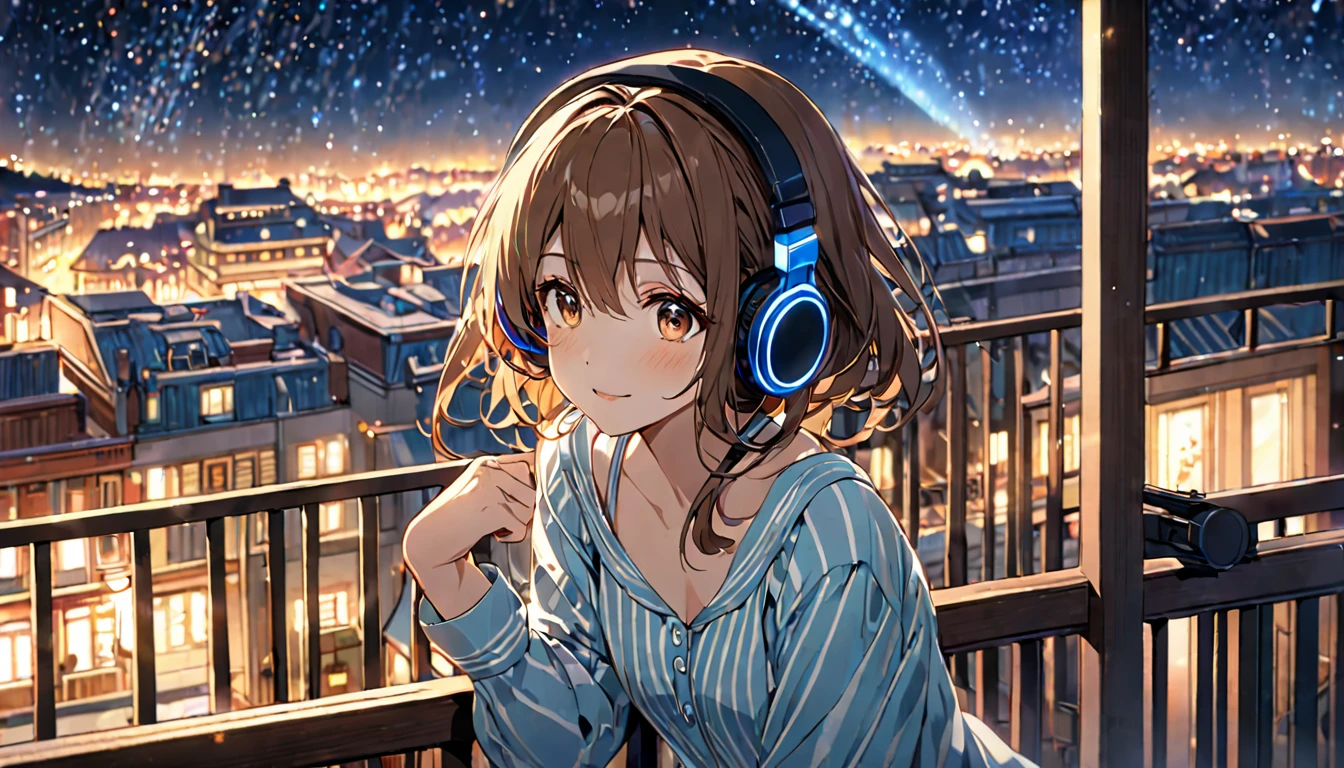 (Brown haired woman wearing headphones), (Relaxing on the balcony at night listening to background music), (Very detailed, masterpiece, Highest quality, bright), (Anime Style)
background: Scenery of stars shining in the night sky: Calm expression costume: Light Nightwear Pose: A scene of a man leaning on the balcony railing and looking up at the night sky: quiet night、Enjoy the night breeze and background music