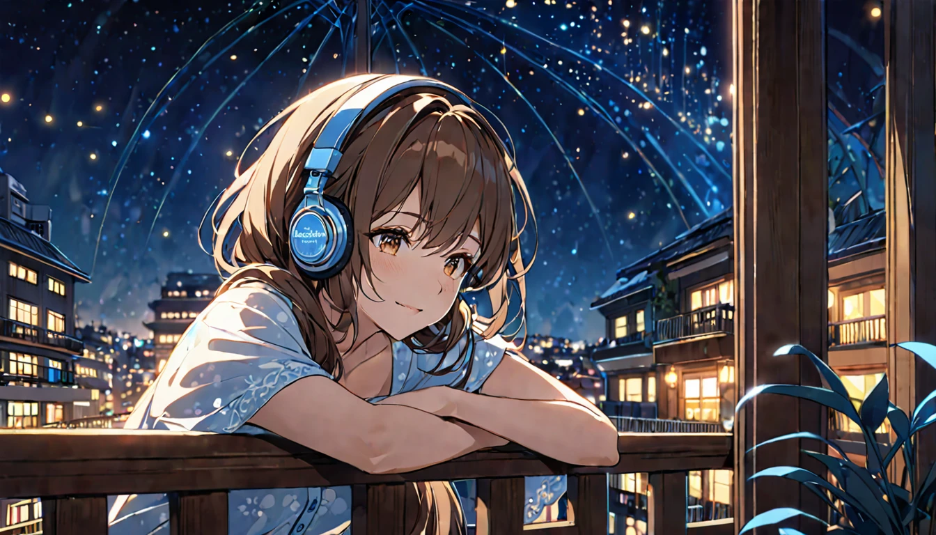 (Brown haired woman wearing headphones), (Relaxing on the balcony at night listening to background music), (Very detailed, masterpiece, Highest quality, bright), (Anime Style)
background: Scenery of stars shining in the night sky: Calm expression costume: Light Nightwear Pose: A scene of a man leaning on the balcony railing and looking up at the night sky: quiet night、Enjoy the night breeze and background music