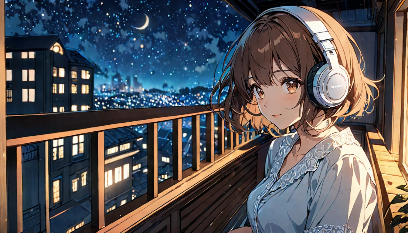 (Brown haired woman wearing headphones), (Relaxing on the balcony at night listening to background music), (Very detailed, masterpiece, Highest quality, bright), (Anime Style)
background: Scenery of stars shining in the night sky: Calm expression costume: Light Nightwear Pose: A scene of a man leaning on the balcony railing and looking up at the night sky: quiet night、Enjoy the night breeze and background music
