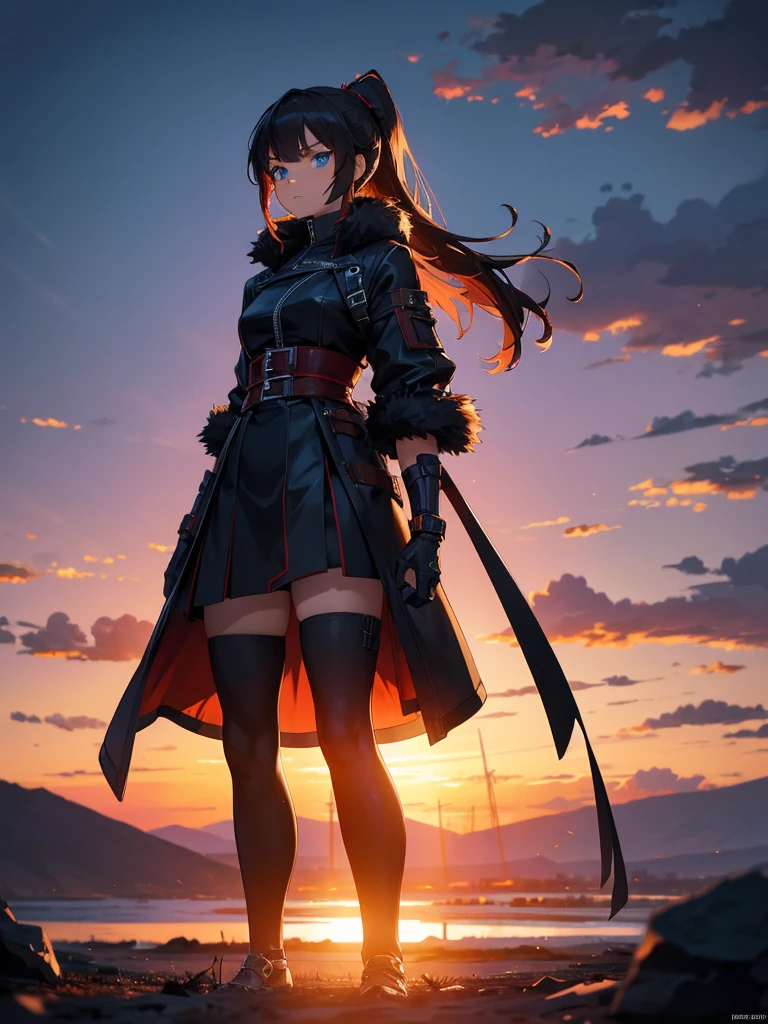 Cityscape, building, Skyline, sunset, Silhouette against a cloud background, meditation. Watching the beautiful sunset, sunset時に, sunset時, sunsetとともに, In the sunset, Nice views, Sunset view, With the sunset, sunset時に, During Golden Hour, looking sunset時に, Sunset in the background, Watching the sunset, Attention,, Very detailed, blue eyes, Redhead, Angry expression,Wearing a black fur jacket, Medium Hair,ponytail, Anime Style, whole body, alone, Stylish Gladiator Girl, I have a rapier,Standing in the Wilderness, 8K high resolution, White Background, The background is a dark and desolate landscape, Horror movie atmosphere. Her figure is very beautiful, Emphasizing the dark and crazy elements. Skillfully expressing the effects of light and shadow, Anime &#39; Line, Mechanized Soldier Girl, &#39; Line style