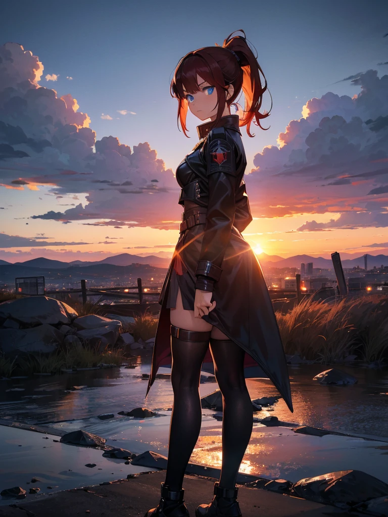 Cityscape, building, Skyline, sunset, Silhouette against a cloud background, meditation. Watching the beautiful sunset, sunset時に, sunset時, sunsetとともに, In the sunset, Nice views, Sunset view, With the sunset, sunset時に, During Golden Hour, looking sunset時に, Sunset in the background, Watching the sunset, Attention,, Very detailed, blue eyes, Redhead, Angry expression,Wearing a black fur jacket, Medium Hair,ponytail, Anime Style, whole body, alone, Stylish Gladiator Girl, I have a rapier,Standing in the Wilderness, 8K high resolution, White Background, The background is a dark and desolate landscape, Horror movie atmosphere. Her figure is very beautiful, Emphasizing the dark and crazy elements. Skillfully expressing the effects of light and shadow, Anime &#39; Line, Mechanized Soldier Girl, &#39; Line style