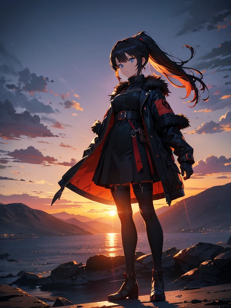 Cityscape, building, Skyline, sunset, Silhouette against a cloud background, meditation. Watching the beautiful sunset, sunset時に, sunset時, sunsetとともに, In the sunset, Nice views, Sunset view, With the sunset, sunset時に, During Golden Hour, looking sunset時に, Sunset in the background, Watching the sunset, Attention,, Very detailed, blue eyes, Redhead, Angry expression,Wearing a black fur jacket, Medium Hair,ponytail, Anime Style, whole body, alone, Stylish Gladiator Girl, I have a rapier,Standing in the Wilderness, 8K high resolution, White Background, The background is a dark and desolate landscape, Horror movie atmosphere. Her figure is very beautiful, Emphasizing the dark and crazy elements. Skillfully expressing the effects of light and shadow, Anime &#39; Line, Mechanized Soldier Girl, &#39; Line style