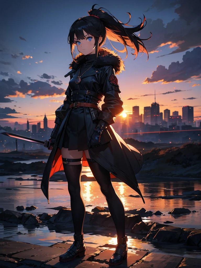 Cityscape, building, Skyline, sunset, Silhouette against a cloud background, meditation. Watching the beautiful sunset, sunset時に, sunset時, sunsetとともに, In the sunset, Nice views, Sunset view, With the sunset, sunset時に, During Golden Hour, looking sunset時に, Sunset in the background, Watching the sunset, Attention,, Very detailed, blue eyes, Redhead, Angry expression,Wearing a black fur jacket, Medium Hair,ponytail, Anime Style, whole body, alone, Stylish Gladiator Girl, I have a rapier,Standing in the Wilderness, 8K high resolution, White Background, The background is a dark and desolate landscape, Horror movie atmosphere. Her figure is very beautiful, Emphasizing the dark and crazy elements. Skillfully expressing the effects of light and shadow, Anime &#39; Line, Mechanized Soldier Girl, &#39; Line style