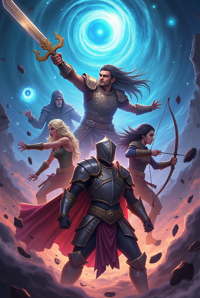 A title picture on the topic "vortex" for an esports group. With a swordsman, a magician, an agile assassin , an archer and a heavily armored person.