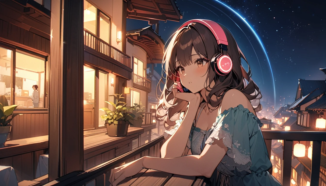 (Brown haired woman wearing headphones), (Relaxing on the balcony at night listening to background music), (Very detailed, masterpiece, Highest quality, bright), (Anime Style)
background: Scenery of stars shining in the night sky: Calm expression costume: Light Nightwear Pose: A scene of a man leaning on the balcony railing and looking up at the night sky: quiet night、Enjoy the night breeze and background music
