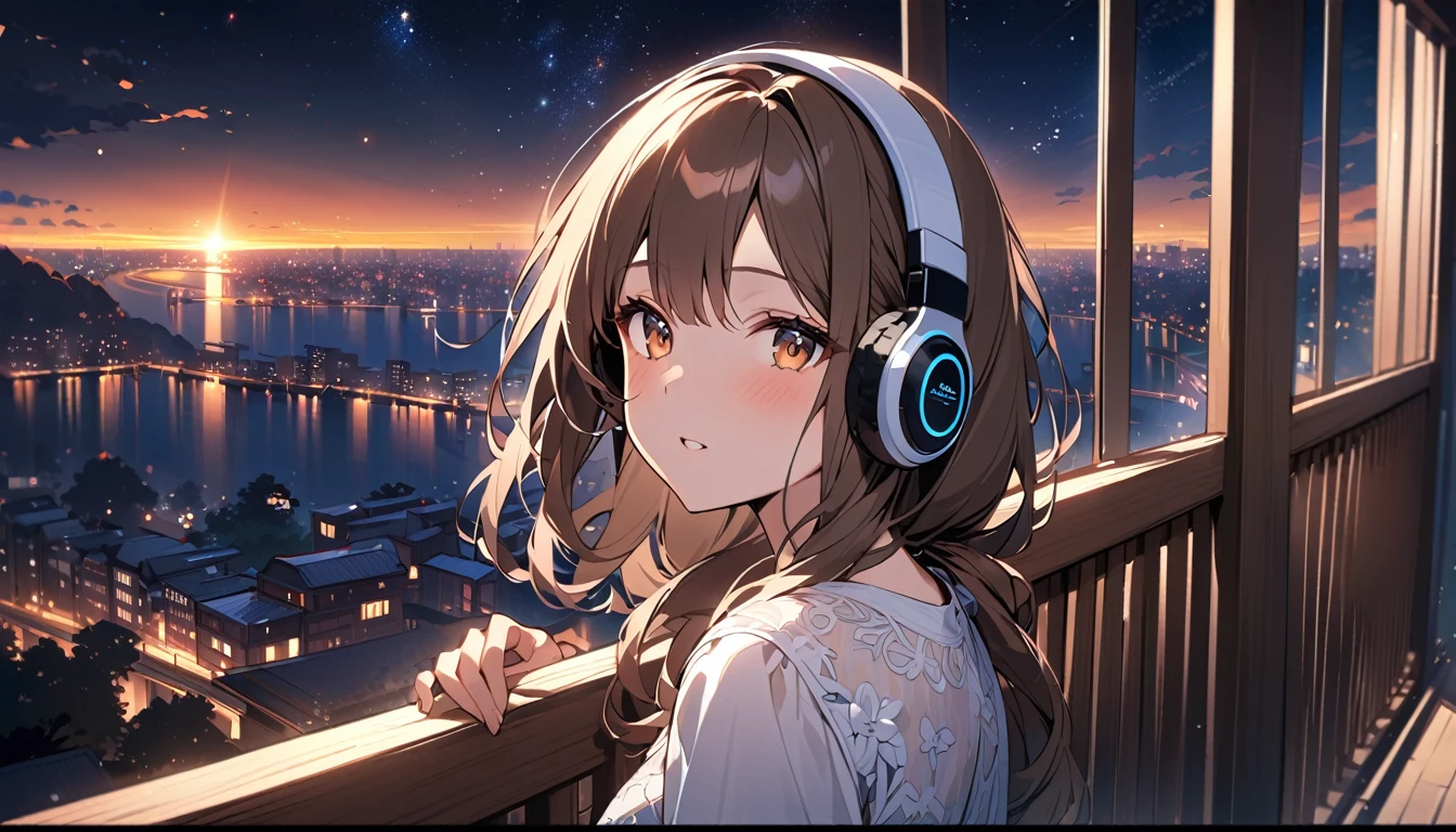 (Brown haired woman wearing headphones), (Relaxing on the balcony at night listening to background music), (Very detailed, masterpiece, Highest quality, bright), (Anime Style)
background: Scenery of stars shining in the night sky: Calm expression costume: Light Nightwear Pose: A scene of a man leaning on the balcony railing and looking up at the night sky: quiet night、Enjoy the night breeze and background music