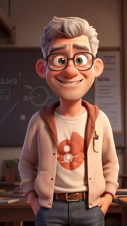 criar a imagem de um professor professor de meia idade, em estilo de desenho Pixar, with a slender and elegant physique, com uma postura divertida, com idade de cerca de 41 anos, com bastante barba no rosto, already with some light wrinkles that denote wisdom, de cor de Pele Branca. He should have a face with a beard with some gray hairs mixed in., cabelos curtos, smooth with some natural waves, bem cheio e de cor preta. He must be wearing thin, gold-rimmed, intellectual-style glasses., wearing jeans and a Pink Floyd t-shirt, have a sweet smile facial expression, sharp and intelligent look showing an intelligent and sweet personality, but with a touch of sarcasm. Na imagem, He should be in a pose that reflects his intelligence and confidence, maybe with a book or scientific formulas around, indicating his passion for physical chemistry.