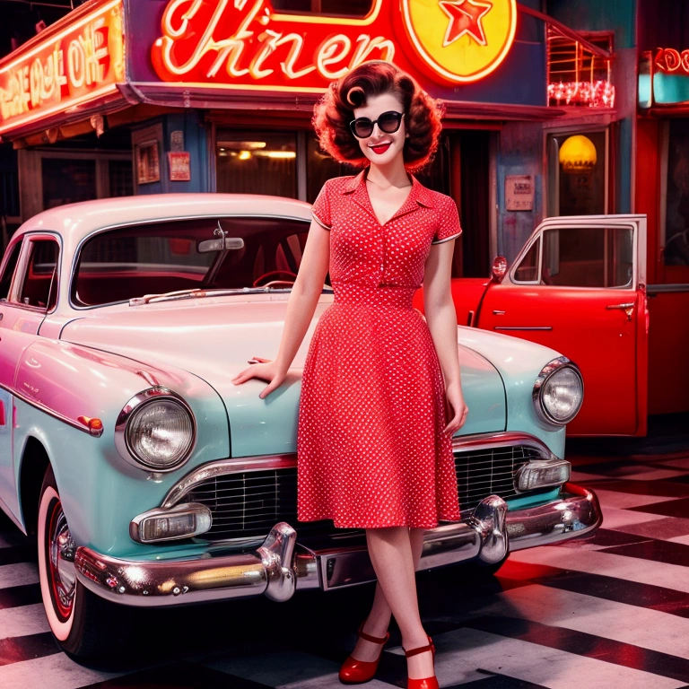Prompt: Create a photorealistic image of Anna, 25 years old, posing next to a classic car in a retro-themed diner setting. She is wearing a polka dot dress with a flared skirt and cat-eye sunglasses. Her hair is styled in vintage curls, and she has a playful smile as she leans against the car with one hand on her hip. The scene is vibrant with neon signs, checkered floors, and a 1950s vibe, capturing the nostalgia of the era.