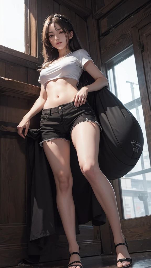 best quality, masterpiece, high resolution, 8k, (current: 1.4), Ultra high resolution, 1 girl, Super detailed, Hyper-Reality, Highly detailed CG illustrations, official art, Light, Reality, Young beautiful girl, Perfect body, Perfect body, full view, Perfect body, (start from below: 1.3), mask, posture, Sexy long legs, confident, Beautiful and sexy, Gray short sleeves, open belly, Black super shorts, S-shaped body, upturned buttocks, hypothesis, 摆posture, Different perspectives