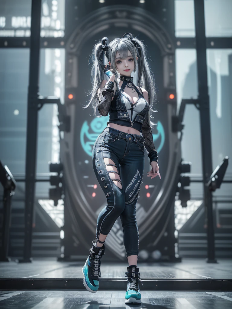 (Full Body View:1.2)、(Side view:1.1)、(Smiling with teeth showing:1.3),(Shibuya Gal:1.5)、(Gothic style fashion:1.5)、(Punk rock visual kei:1.5)、(Wearing a rhythmic gymnastics bodysuit with intricate details:1.4)、(Complex white racing suit and pants, Denim and turquoise decor:1.5)、(Denim and light blue and white boots:1.3)、((belt))、(A number of subtle logos are featured throughout the costume々:1.4)、(collar:1.3)、(Striped underwear:1.5)、20-year-old、Browsing Caution、((Highest quality、In 8K、masterpiece:1.3))、Sharp focus:1.2、(Layered Cut、Huge boobs:1.1),Beautiful woman with perfect figure:1.4、(Dance vigorously:1.3)、Slim Abs:1.2、Highly detailed face and skin texture、Detailed eyes、double eyelid,(Twin tails:1.3)、(Dark silver hair:1.3)、Idol Sculpture、(The background is the stage for a fashion show:1.3)、(The body is slim:1.3),(Slimming your legs:1.4),(clavicle:1.1)、(Thin and slim thighs:1.3)