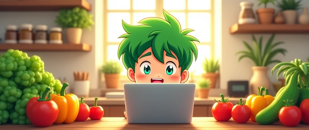 an image that represents what it is "healthy food blog" with a boy with green hair , in 2d anime chibi japanes with vegetables and fruits and a laptop