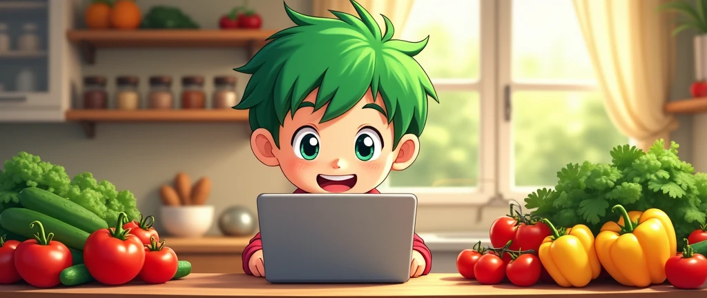 an image that represents what it is "healthy food blog" with a boy with green hair , in 2d anime chibi japanes with vegetables and fruits and a laptop 