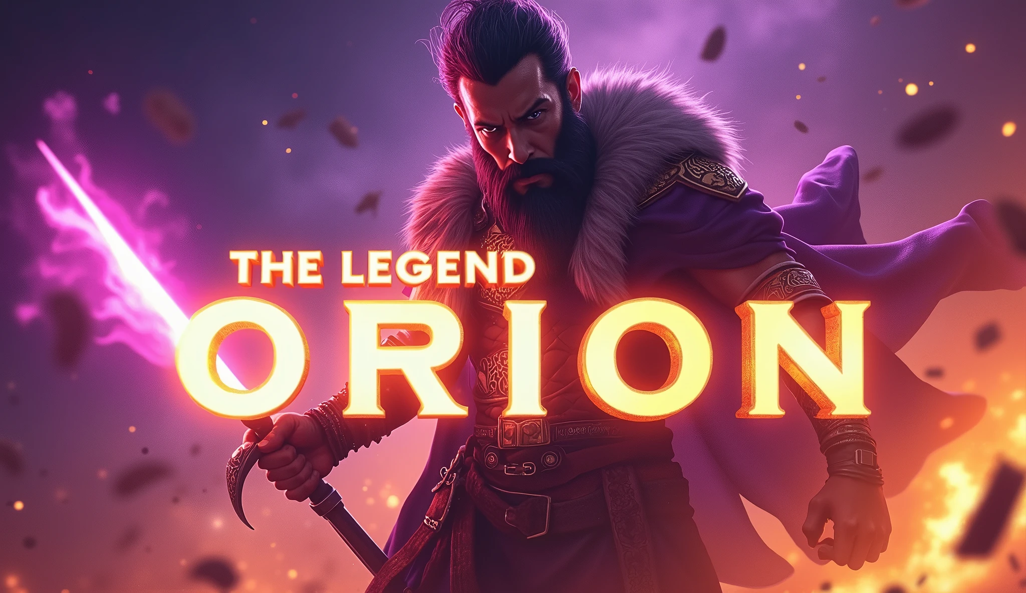"prompt": "Design a YouTube thumbnail featuring a fierce and focused character wielding a glowing weapon, standing against a backdrop of Royal Purple and Neon Yellow cosmic elements. The character has a battle-ready expression, with intense eyes. Behind them, a cosmic explosion lights up the scene. The text 'The Legend Orion' is in a futuristic, glowing font that stands out against the vivid colors."