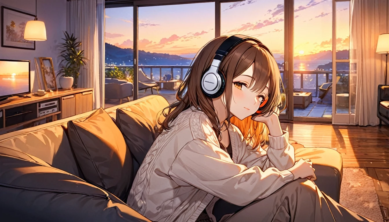 (Brown haired woman wearing headphones), (Relaxing in the living room in the evening listening to background music), (Very detailed, masterpiece, Highest quality, bright), (Anime Style)
background: Orange sky at sunset: Calm eyes closed, relaxed expression: Light cardigan and pants pose: Sitting on the sofa、A scene of people relaxing in a relaxed posture: In a calm space at dusk、Relaxing time surrounded by background music