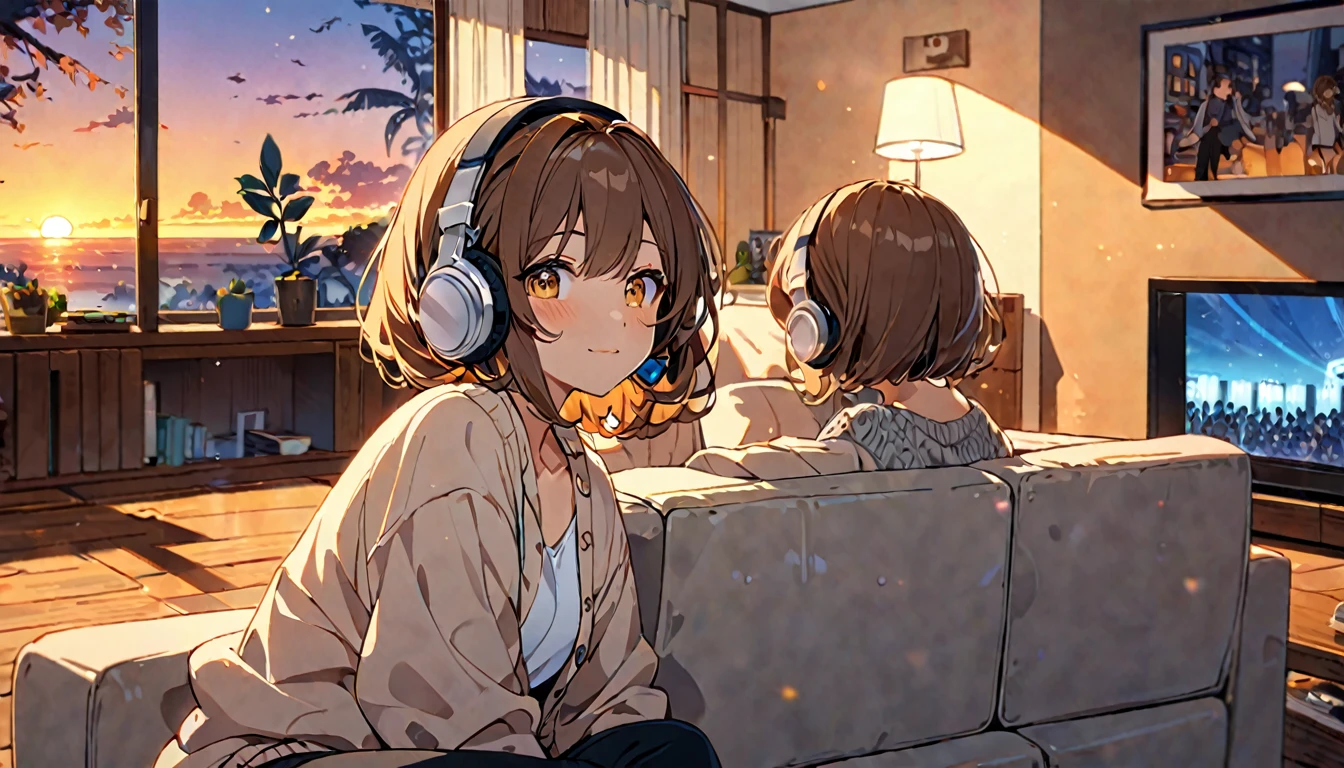 (Brown haired woman wearing headphones), (Relaxing in the living room in the evening listening to background music), (Very detailed, masterpiece, Highest quality, bright), (Anime Style)
background: Orange sky at sunset: Calm eyes closed, relaxed expression: Light cardigan and pants pose: Sitting on the sofa、A scene of people relaxing in a relaxed posture: In a calm space at dusk、Relaxing time surrounded by background music
