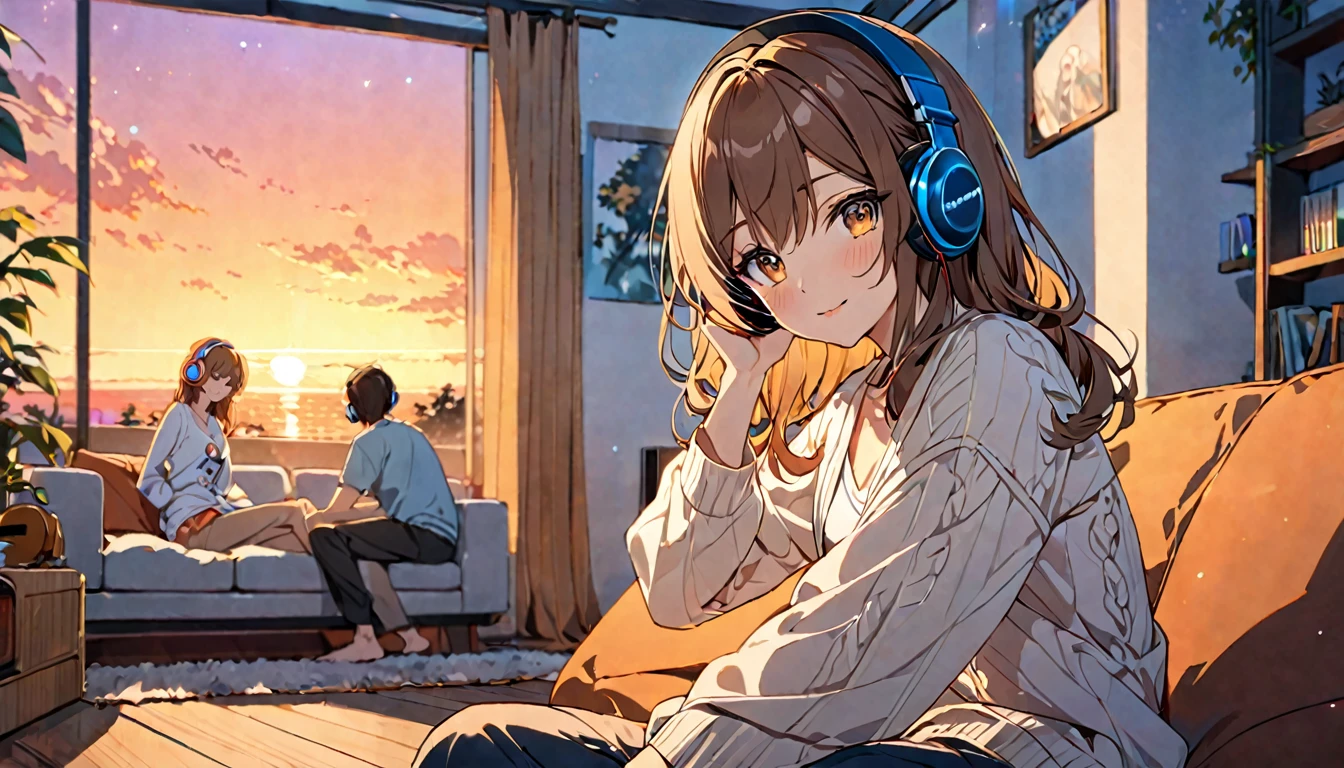 (Brown haired woman wearing headphones), (Relaxing in the living room in the evening listening to background music), (Very detailed, masterpiece, Highest quality, bright), (Anime Style)
background: Orange sky at sunset: Calm eyes closed, relaxed expression: Light cardigan and pants pose: Sitting on the sofa、A scene of people relaxing in a relaxed posture: In a calm space at dusk、Relaxing time surrounded by background music