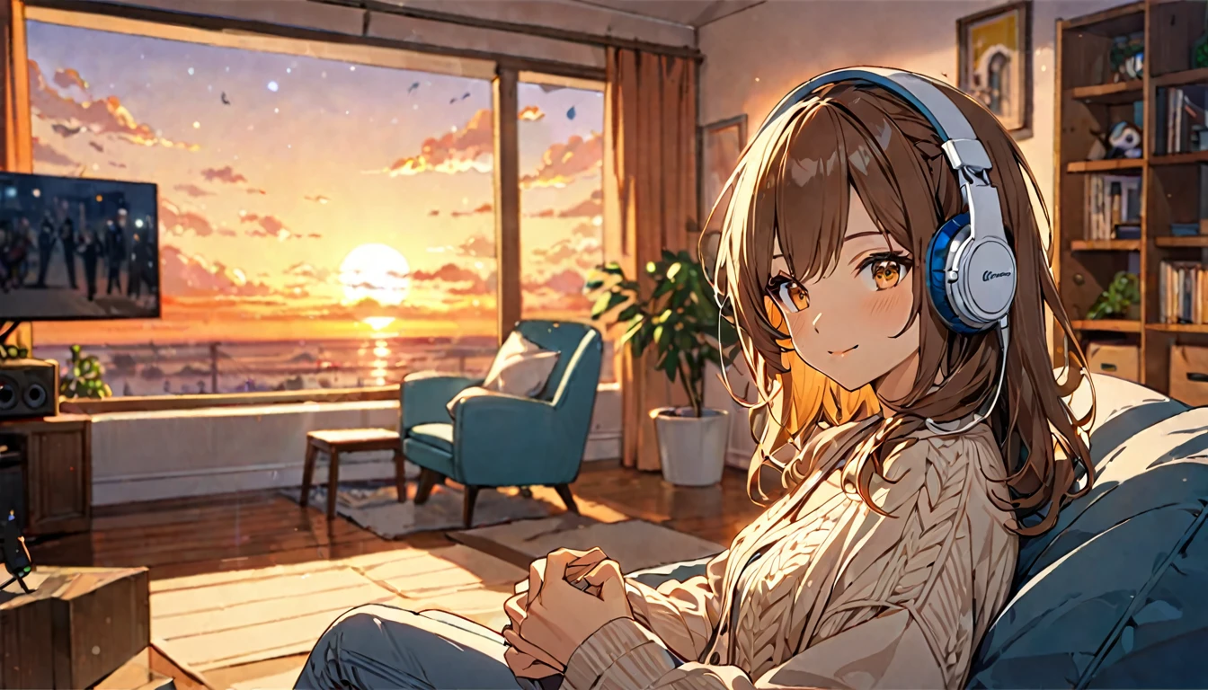 (Brown haired woman wearing headphones), (Relaxing in the living room in the evening listening to background music), (Very detailed, masterpiece, Highest quality, bright), (Anime Style)
background: Orange sky at sunset: Calm eyes closed, relaxed expression: Light cardigan and pants pose: Sitting on the sofa、A scene of people relaxing in a relaxed posture: In a calm space at dusk、Relaxing time surrounded by background music
