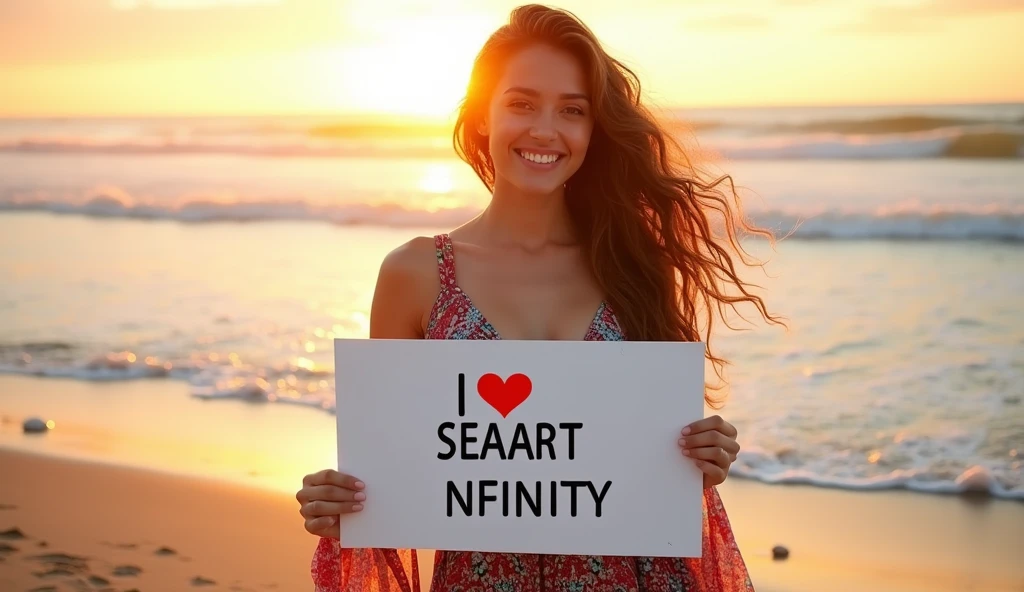 Beautiful girl with wavy long hair, bohemian dress, holding a white board with text "I Love Seaart Infinity" and showing it to the viewer