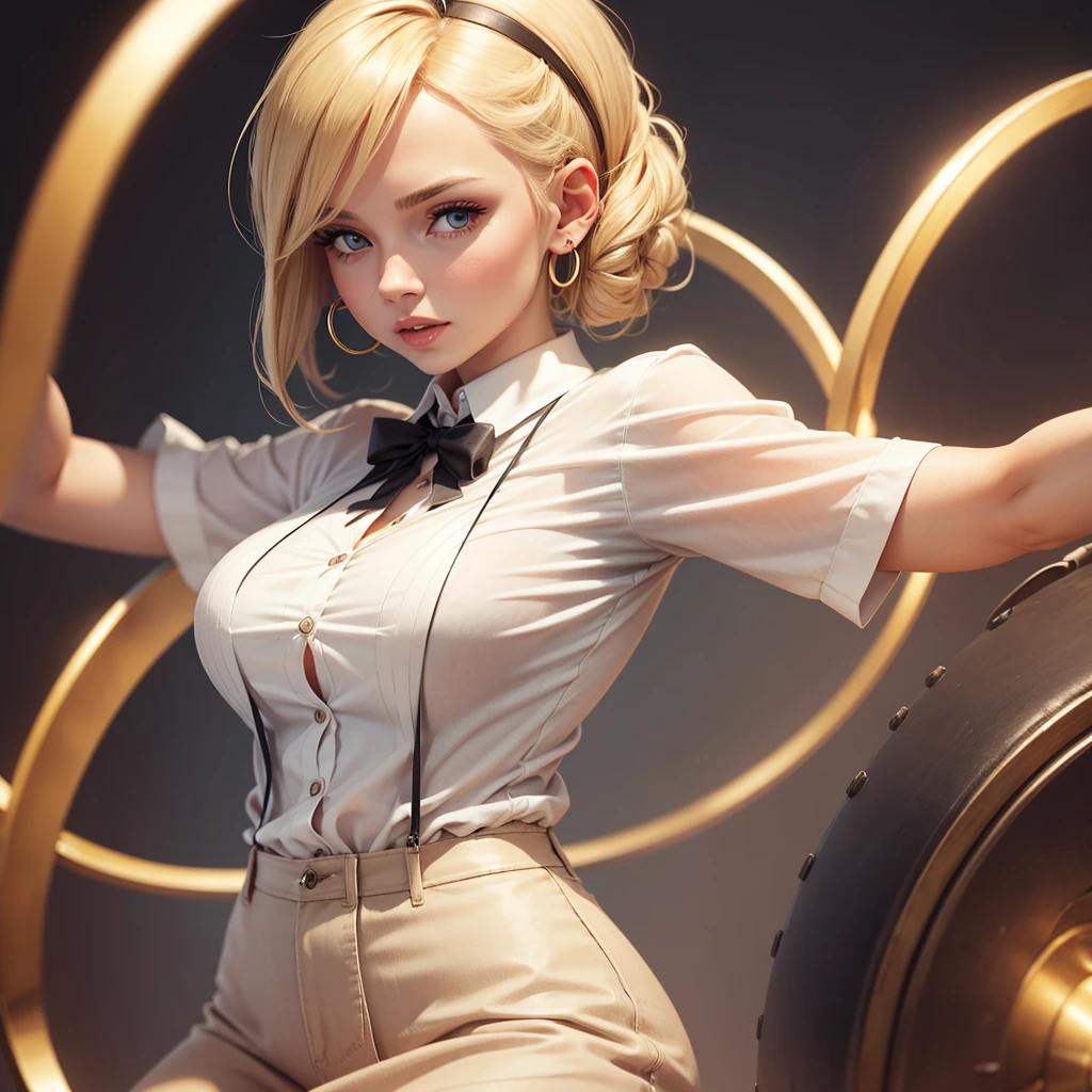 SHORT BLONDE WOMAN WORKING AS A SECRETARY WITH LARGE HOOPS IN HER EARS