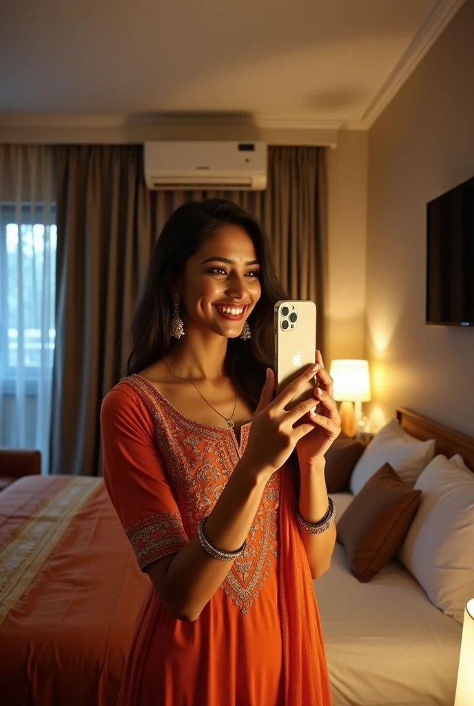 A 20 years indian beautiful girl wearing a beautiful dress of odisha have taken a mirror selfie inside her bedroom with her iphone 15 pro max where the iphone logo is clearly visible and the backgrounds are also like morden house contains ac tv wifi etc