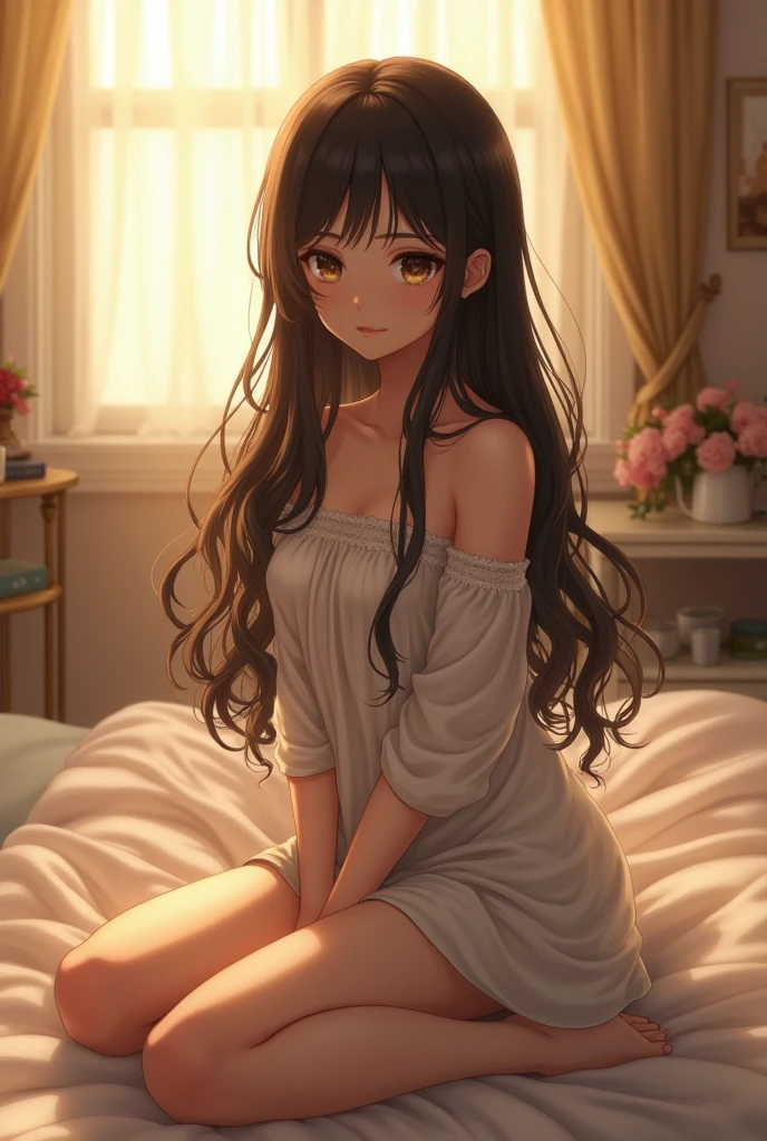 A beautiful girl, no clothes, sitting on the beds, , nakece anime, big breas