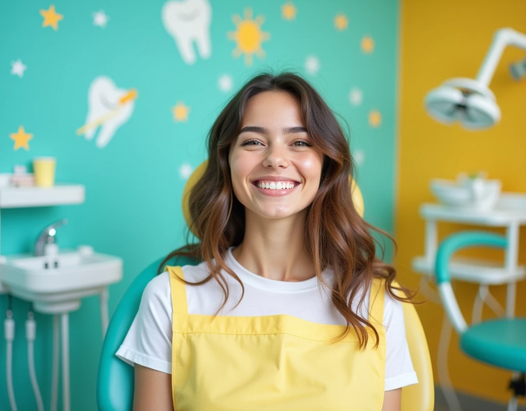 Make a banner for a dental clinic in bright colors with an image of a beautiful girl with a snow-white smile, who is in the dentist's chair. The image should be large format