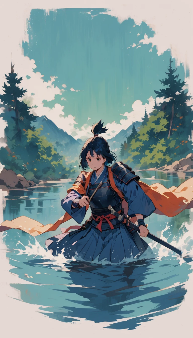 A historical male figure, Minamoto no Yoshitsune, in traditional Japanese armor, swimming confidently across a river. The background shows a flowing river with trees and mountains, emphasizing his skill as a swimmer. The mood is determined and courageous.Short hair, topknot,
