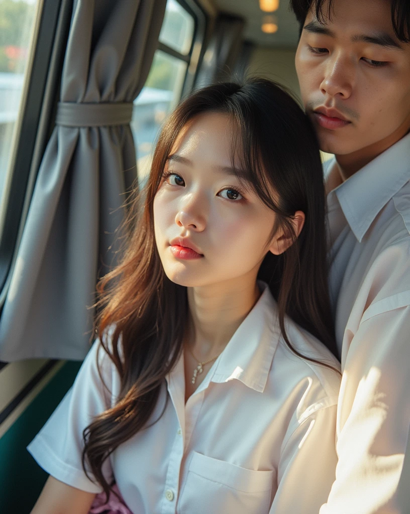 ((Highest quality, 8k, RAW Photos, masterpiece :1.3)), (Realistic、Realistic:1.37)、Very detailed、Ultra-high resolution, (Professional Lighting), ((From above:1.2)),((Full body photo)),Small breasts、Perfect Face、Beautiful expression、Beautiful Face、Beautiful Eyes、18 year old high school girl、beautiful girl、Beautiful black hair、(No bra、Schoolgirl uniform、Button-down shirt:1.2、Off the shoulder、Mini Pleated Skirt、Pale pink string panties)、(Inside a crowded train with sunlight streaming in、A chubby middle-aged Japanese man hugs a high school girl from behind on a train)、((((A middle-aged man standing behind a woman、The man reaches out his right hand and touches the woman's breast.:1.3、The man's left hand is touching the high school girl's private parts with his fingers.:1.2、Button-down shirt:1.2))))、caress、Expressions of fear、Blushing、The man has a vulgar look、Man hugging