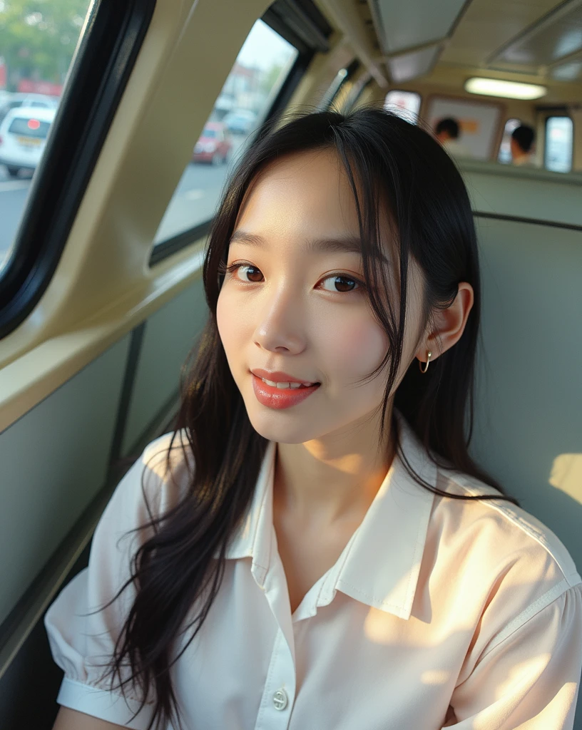 ((Highest quality, 8k, RAW Photos, masterpiece :1.3)), (Realistic、Realistic:1.37)、Very detailed、Ultra-high resolution, (Professional Lighting), ((From above:1.2)),((Full body photo)),Small breasts、Perfect Face、Beautiful expression、Beautiful Face、Beautiful Eyes、18 year old high school girl、beautiful girl、Beautiful black hair、(No bra、Schoolgirl uniform、Button-down shirt:1.2、Off the shoulder、Mini Pleated Skirt、Pale pink string panties)、(Inside a crowded train with sunlight streaming in、A chubby middle-aged Japanese man hugs a high school girl from behind on a train)、((((A middle-aged man standing behind a woman、The man reaches out his right hand and touches the woman's breast.:1.3、The man's left hand is touching the high school girl's private parts with his fingers.:1.2、Button-down shirt:1.2))))、caress、Expressions of fear、Blushing、The man has a vulgar look、Man hugging