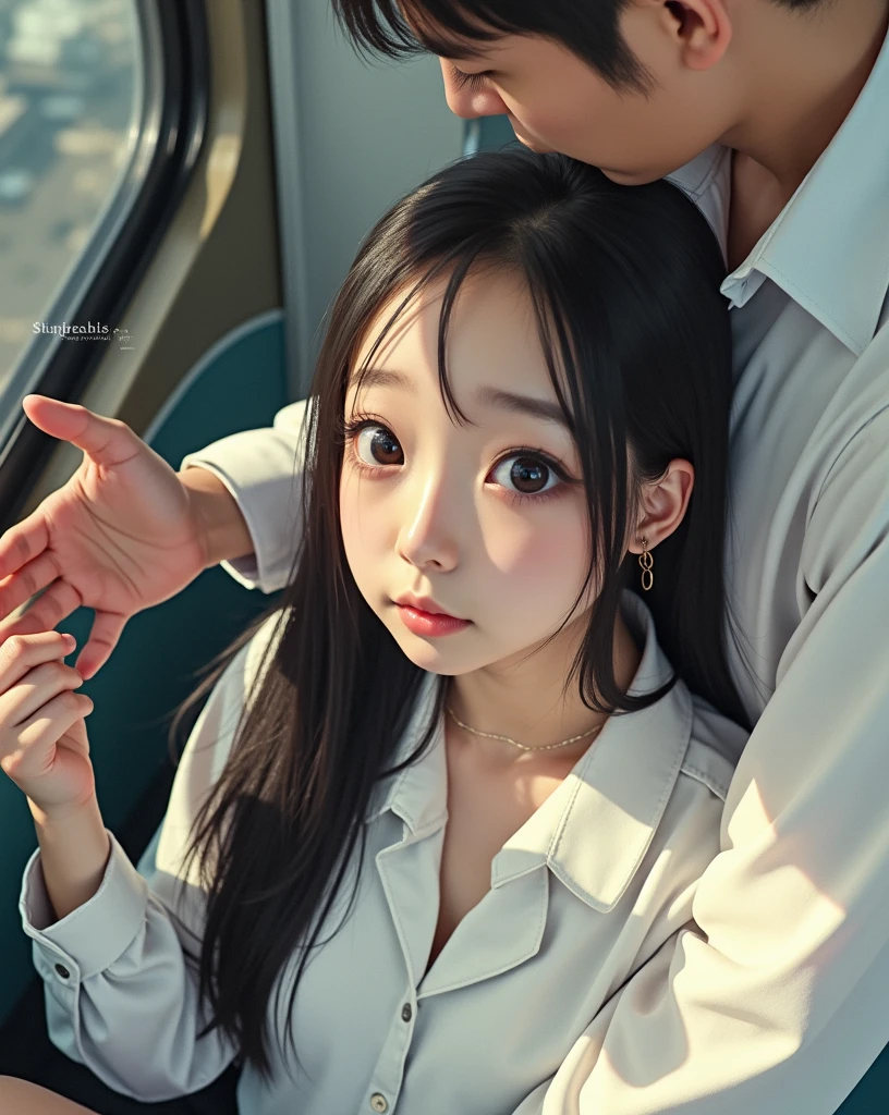 ((Highest quality, 8k, RAW Photos, masterpiece :1.3)), (Realistic、Realistic:1.37)、Very detailed、Ultra-high resolution, (Professional Lighting), ((From above:1.2)),((Full body photo)),Small breasts、Perfect Face、Beautiful expression、Beautiful Face、Beautiful Eyes、18 year old high school girl、beautiful girl、Beautiful black hair、(No bra、Schoolgirl uniform、Button-down shirt:1.2、Off the shoulder、Mini Pleated Skirt、Pale pink string panties)、(Inside a crowded train with sunlight streaming in、A chubby middle-aged Japanese man hugs a high school girl from behind on a train)、((((A middle-aged man standing behind a woman、The man reaches out his right hand and touches the woman's breast.:1.3、The man's left hand is touching the high school girl's private parts with his fingers.:1.2、Button-down shirt:1.2))))、caress、Expressions of fear、Blushing、The man has a vulgar look、Man hugging