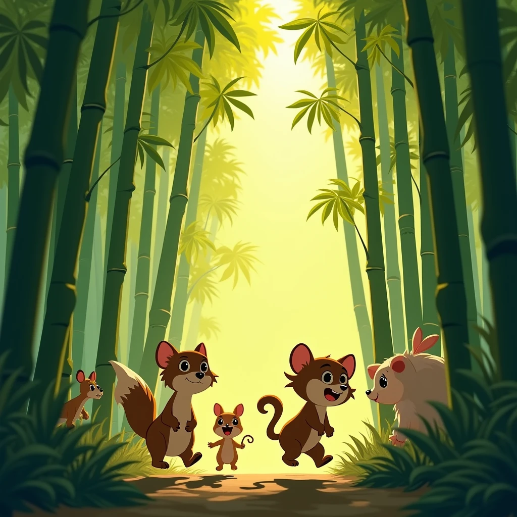 (Bamboo Forest), cartoon-style illustration from an award winning animated movie, illustrated in bold outlines, showcasing its colors and shapes, color graded, dynamic movement, (captivating chiaroscuro:0.1), (special effects:0.1), award-winning, cinematic still, emotional, vignette, dynamic, vivid, (masterpiece, best quality, photorealistic, Professional, perfect composition, very aesthetic, absurdres, ultra-detailed, intricate details:1.3)