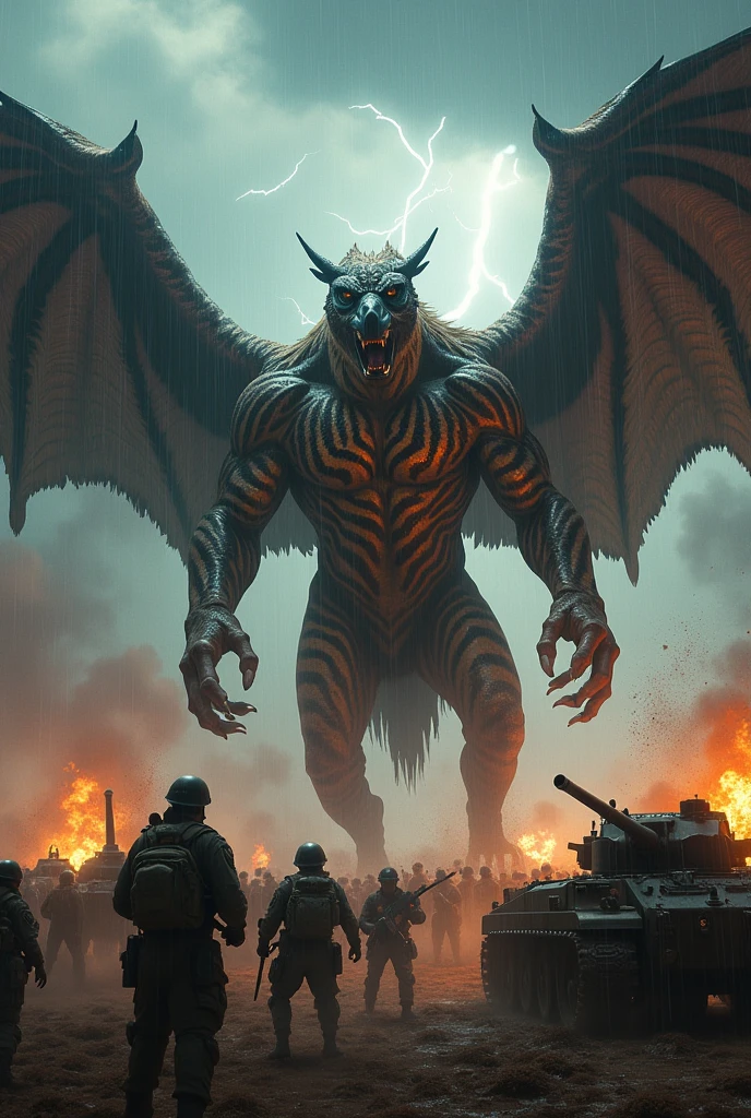 Demon beast characteristics:
• General characteristics:• Muscular body • Zebra: The stripes of the zebra can be a distinctive feature. • Cheetah: Fast movement and pattern • Eagle: Large eagle wings and sharp talons • Size: Very large, with a startling and distinctive appearance • Eyes: Eyes filled with hatred and fear • Aura: Radiating terror and power 1000% Such as a dark and energetic aura 2. fight:
• ท่าทางfight: It shows fierce attacks, such as using claws and teeth to attack soldiers., Or spraying power from the wings • Army: Soldiers fighting with demonic beasts with all their might, such as using cannons., blast, Or tank 3. background:
• Environment: A torrential rainstorm creates a violent and chaotic atmosphere, such as lightning., windy, and flood water