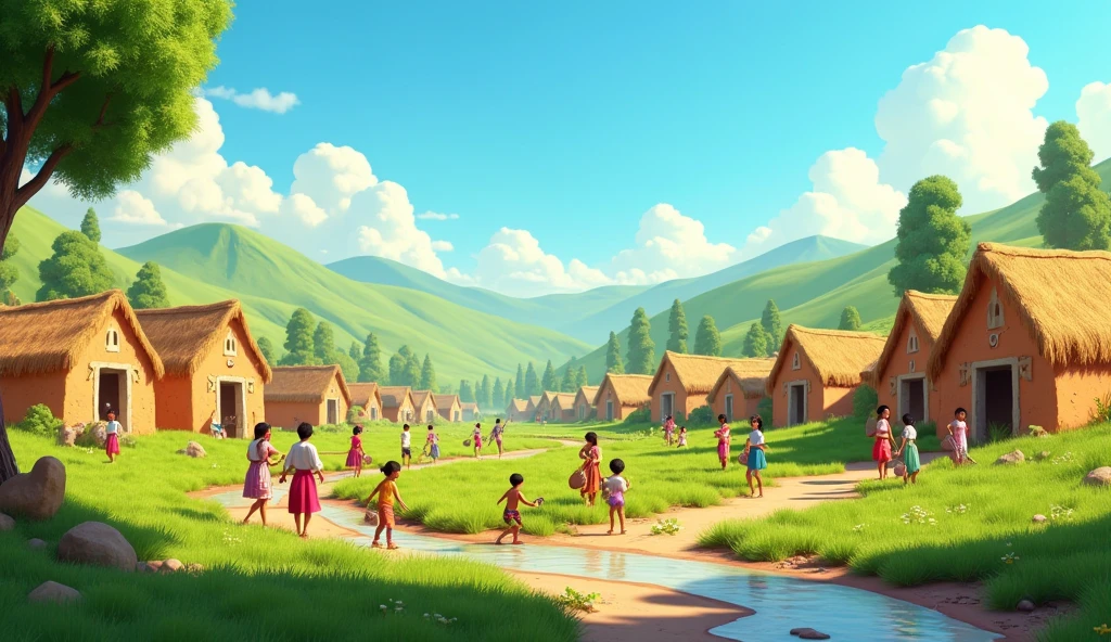 In 3D animation style:A serene village with simple mud houses, green fields, and villagers going about their daily activities.