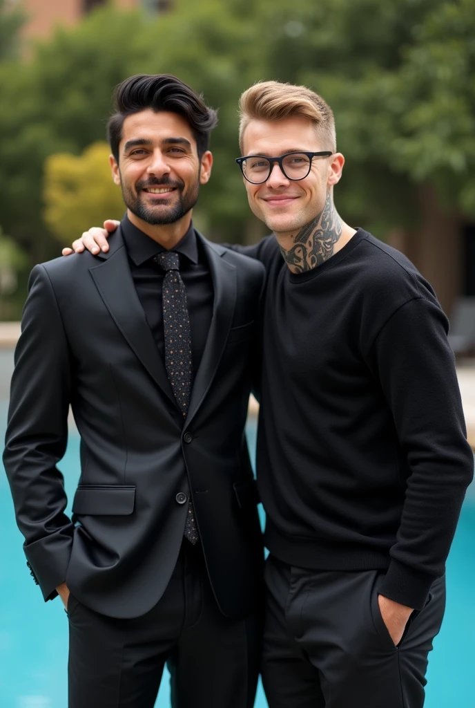 36 year old man with black hair, well-built, beautiful, tanned skin, marked features, square jaw, with some tattoos on his neck dressed in a black suit, next to his best friend, A 36 year old blond young man, With reading glasses, well-built, beautiful, marked features, square jaw, with some tattoos on his neck wearing a black cashmere sweater. They are both standing at the pool