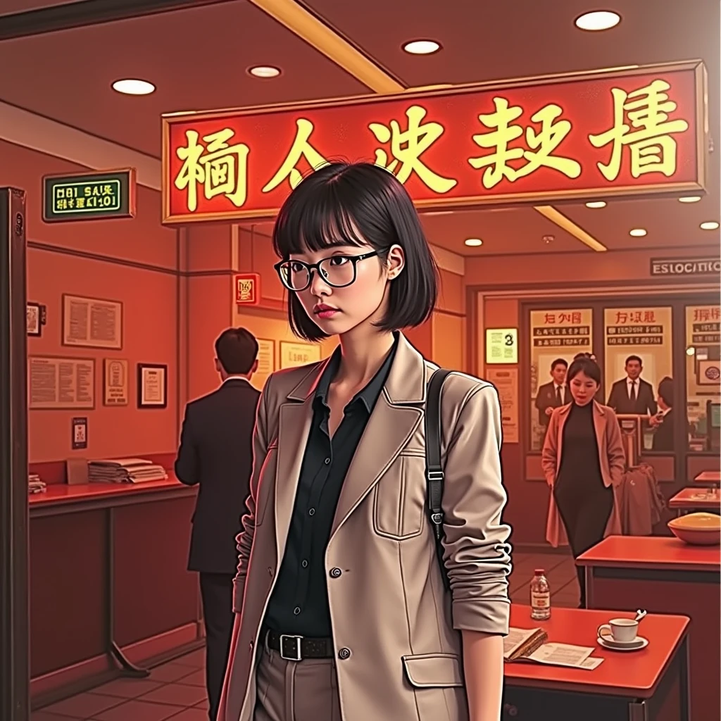 (photorealistic) realistic image of a (Asian woman), (slim build), (short hair), (white skin), (dark eyes), wearing a (brown suit), walking in police station with a (serious face), (wearing glasses), capturing a (Kodak color film look), featuring a (grainy texture), surrounded by a picturesque (police station) under dramatic light, atmospheric, vivid colors, natural lighting, emotionally charged ambiance,no make up