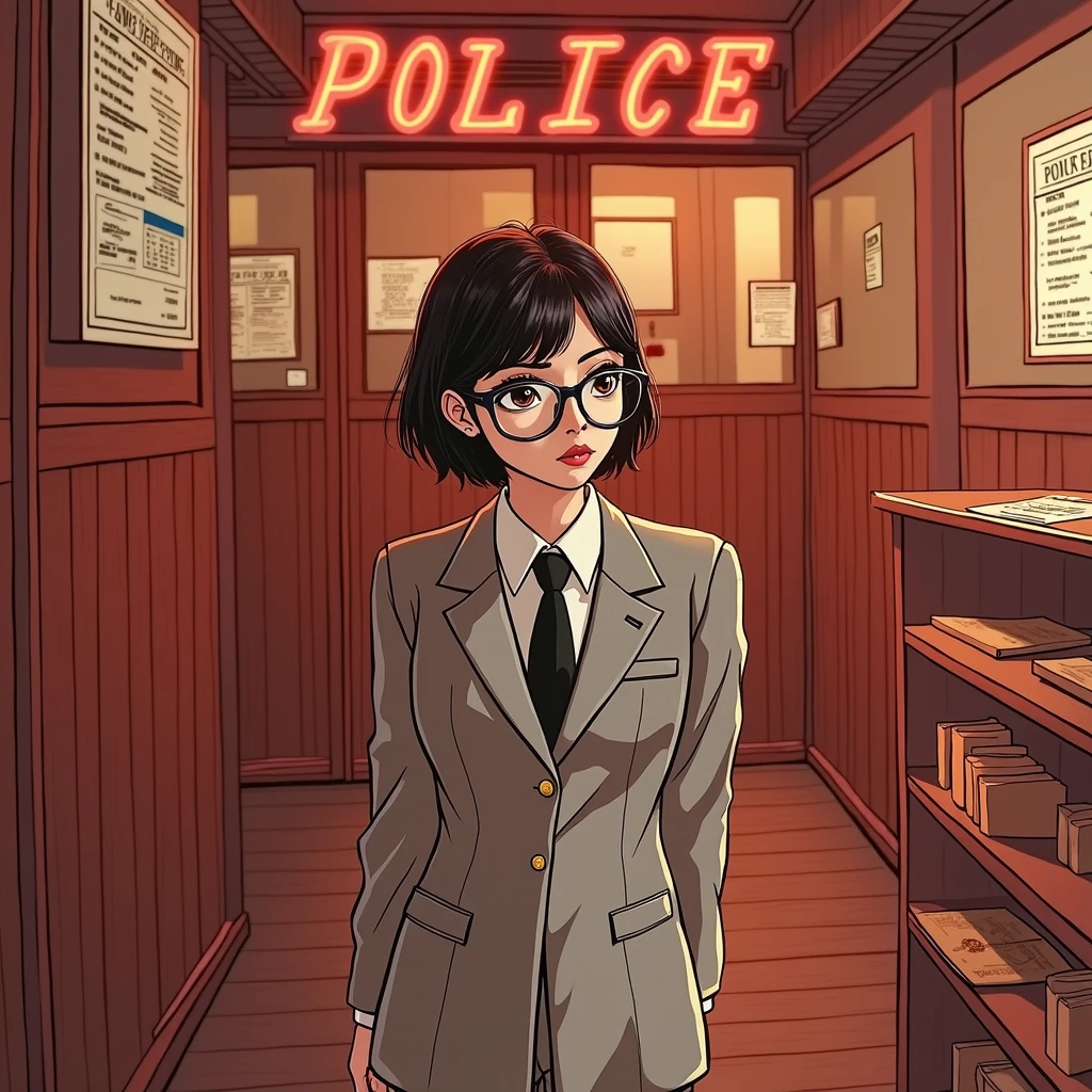 (photorealistic) realistic image of a (Asian woman), (slim build), (short hair), (white skin), (dark eyes), wearing a (brown suit), walking in police station with a (serious face), (wearing glasses), capturing a (Kodak color film look), featuring a (grainy texture), surrounded by a picturesque (police station) under dramatic light, atmospheric, vivid colors, natural lighting, emotionally charged ambiance,no make up