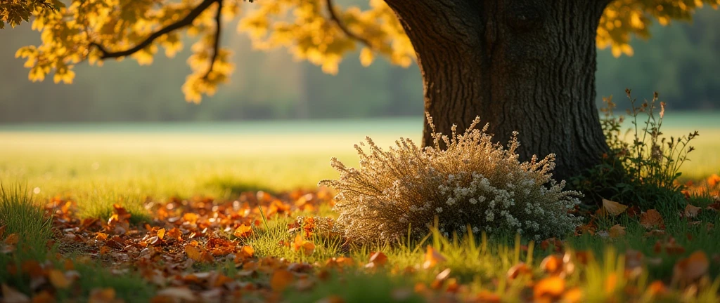 An empty bunch near a tree, countryside background, trace of steps on the ground, leaves on the ground