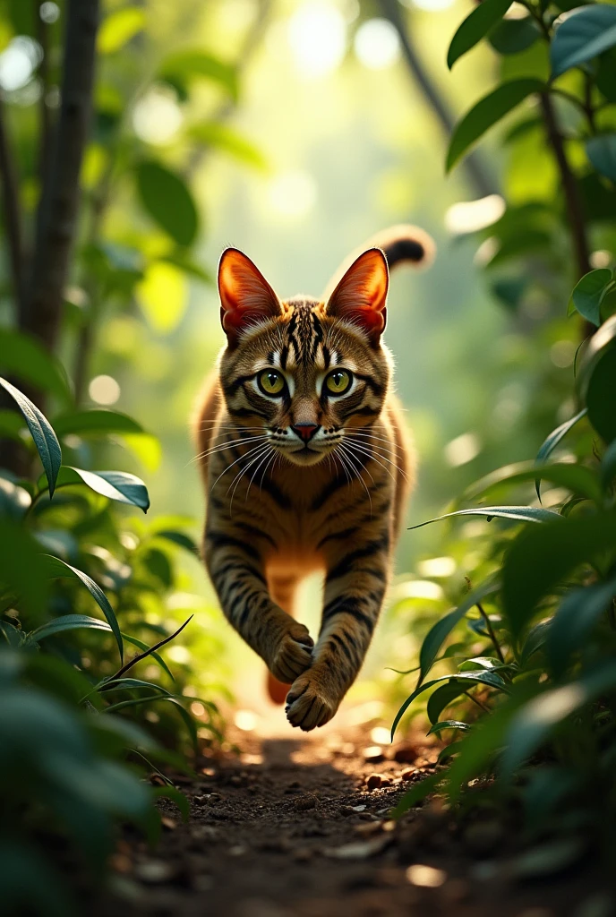 The father cat, now worried, is shown running through the jungle, his fur slightly disheveled, with a determined look in his yellow eyes. The jungle is depicted in a hurried, blurred motion to show speed.