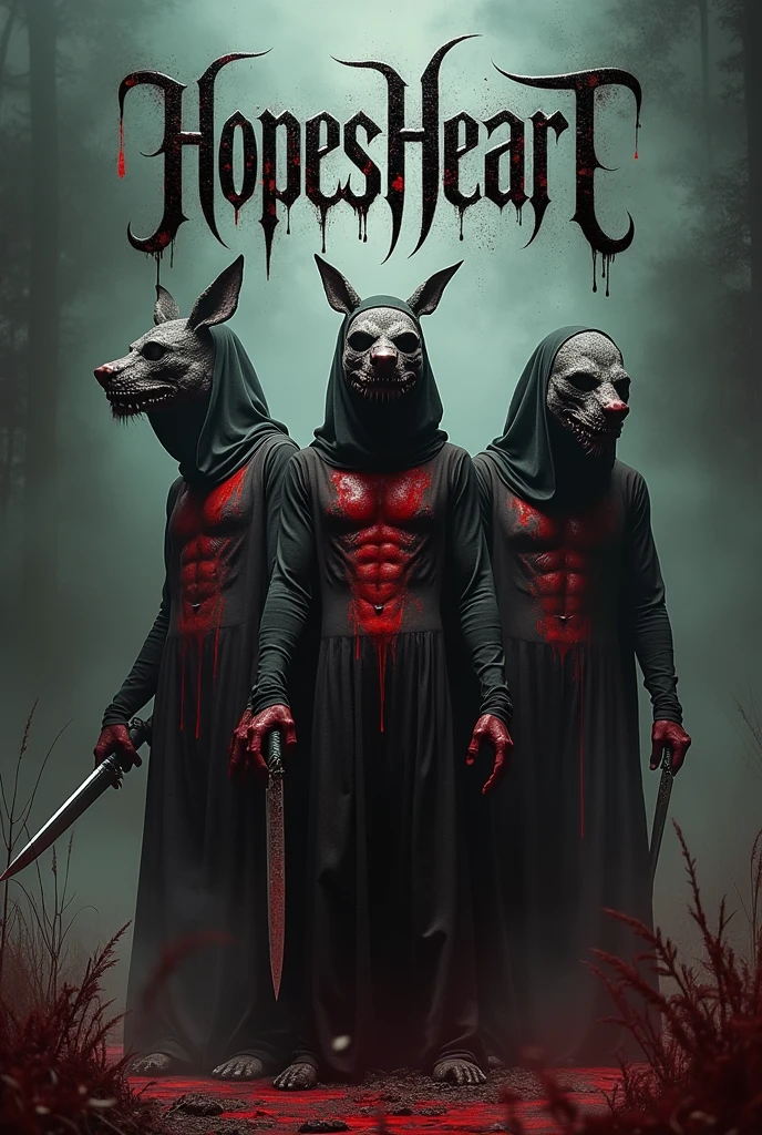 Hyper realistic , 4k, ultra realistic,A Deathcore Metalcore band logo with the text “HopesHeart” at the top and then “Ark of Suffering” at the bottom. Beautiful models wearing bloody animal masks, holding knifes, covered in blood