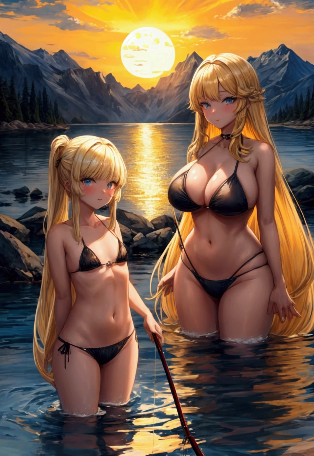 gigantic sun on the edge of the full moon behind it mountains. young girls fishing in bikini long blonde hair long bangs