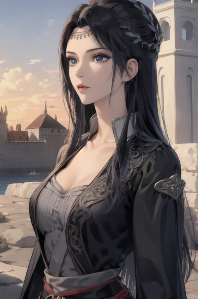 a beautiful anime 20s noblewoman with long black hair,extremely detailed face and eyes, sexy and slender body ,black long dress,medieval castle,