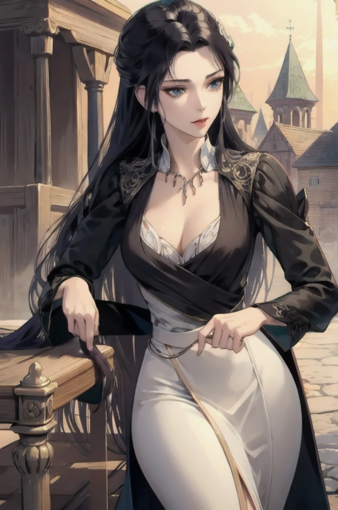 a beautiful anime 20s noblewoman with long black hair,extremely detailed face and eyes, sexy and slender body ,black long dress,medieval castle,