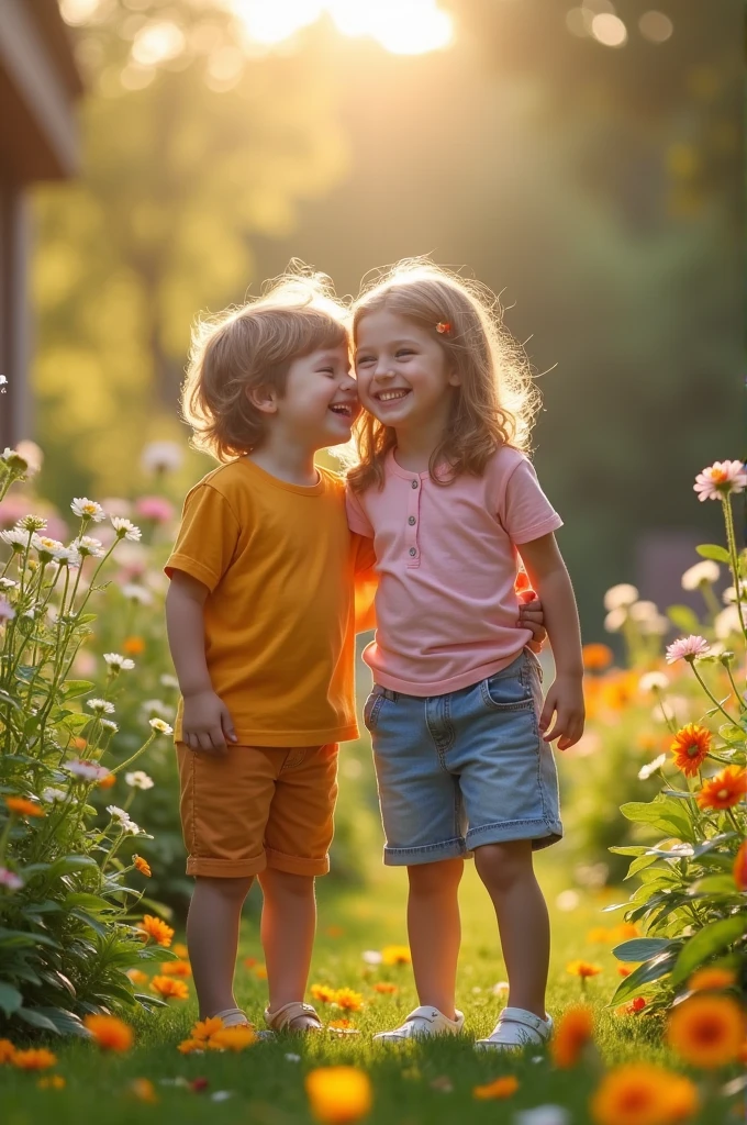 Make a picture showing a brother and sister together. Showed both of them standing together with a happy smile, in a relaxed and casual setting. There should be a beautiful garden or a cozy living room in the background, Where both are seen reflecting their bond with each other."